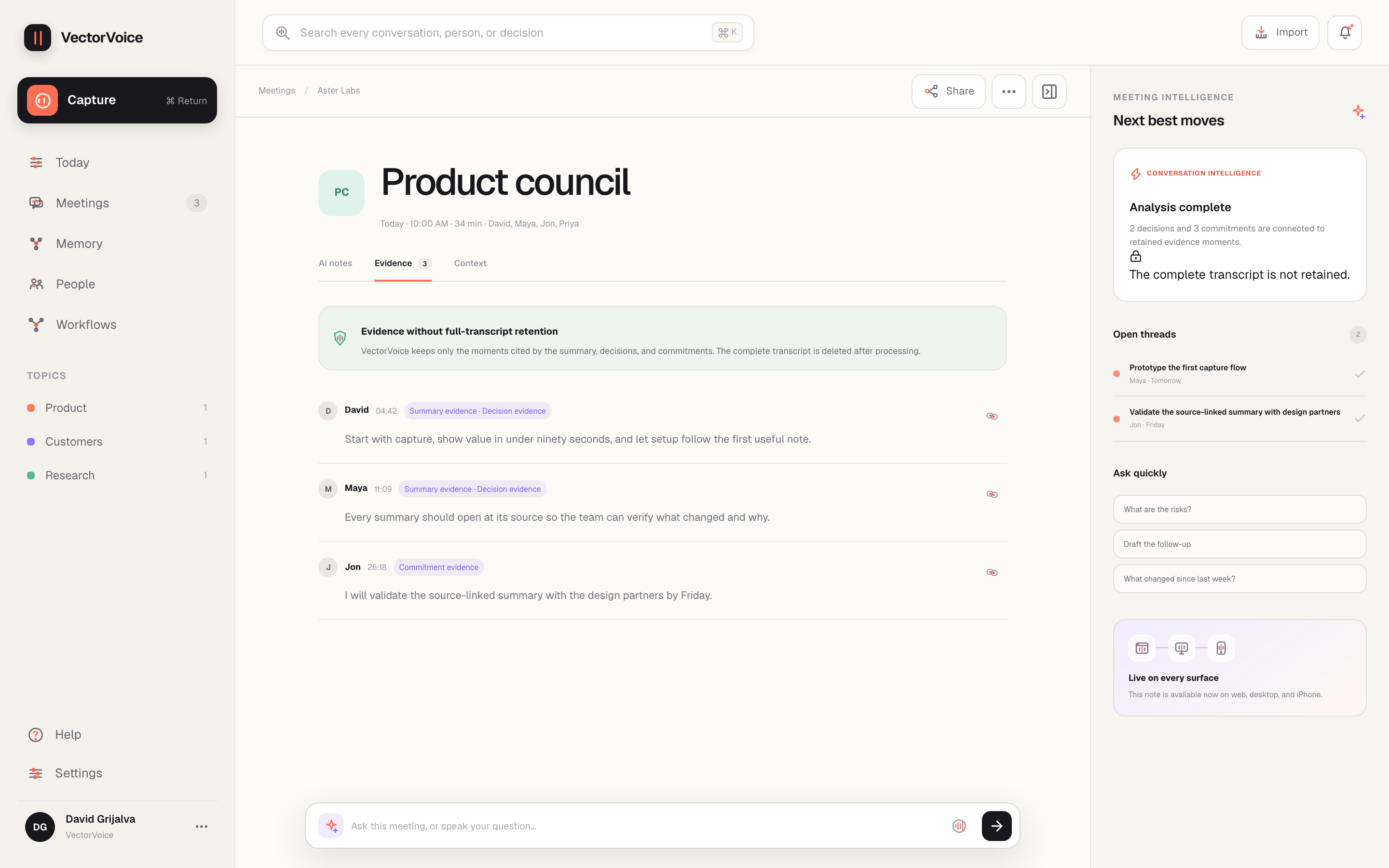 VectorVoice meeting evidence view showing cited moments and retained decisions